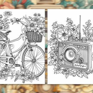Pode incluir: Duas ilustra&ccedil;&otilde;es a preto e branco. Uma retrata uma bicicleta com um cesto cheio de flores. A outra mostra um r&aacute;dio vintage rodeado de flores. Ambas as imagens s&atilde;o desenhos de linha detalhados, para colorir.
