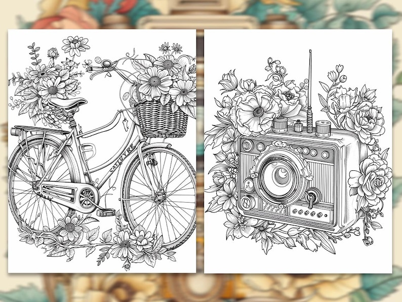 Pode incluir: Duas ilustra&ccedil;&otilde;es a preto e branco. Uma retrata uma bicicleta com um cesto cheio de flores. A outra mostra um r&aacute;dio vintage rodeado de flores. Ambas as imagens s&atilde;o desenhos de linha detalhados, para colorir.