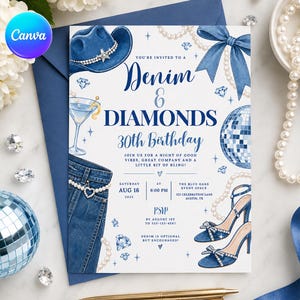 May include: A Denim and Diamonds 30th birthday invitation card featuring illustrations of a blue cowboy hat, a martini glass, denim jeans, a disco ball, and high-heeled sandals. The text reads Denim and Diamonds 30th Birthday, with event details.