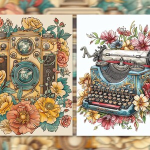 Pode incluir: Duas ilustra&ccedil;&otilde;es em aquarela. Uma apresenta uma c&acirc;mera vintage rodeada por flores amarelas, laranjas e rosas. A outra retrata uma m&aacute;quina de escrever azul com detalhes florais. Ambas est&atilde;o sobre um fundo creme, evocando uma est&eacute;tica vintage.