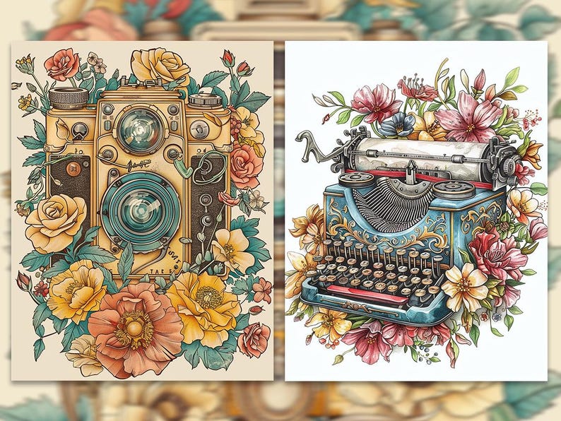 Pode incluir: Duas ilustra&ccedil;&otilde;es em aquarela. Uma apresenta uma c&acirc;mera vintage rodeada por flores amarelas, laranjas e rosas. A outra retrata uma m&aacute;quina de escrever azul com detalhes florais. Ambas est&atilde;o sobre um fundo creme, evocando uma est&eacute;tica vintage.