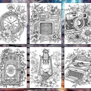 Pode incluir: Ilustra&ccedil;&otilde;es a preto e branco de objetos vintage, incluindo um rel&oacute;gio de bolso, r&aacute;dio, c&acirc;mara, altifalante, lanterna e m&aacute;quina de escrever, cada um rodeado por arranjos florais. Desenhos detalhados para colorir.