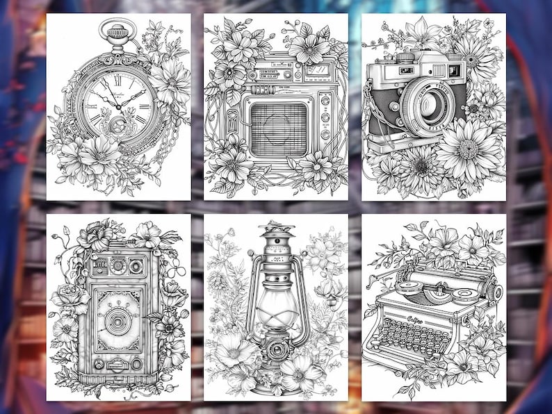 Pode incluir: Ilustra&ccedil;&otilde;es a preto e branco de objetos vintage, incluindo um rel&oacute;gio de bolso, r&aacute;dio, c&acirc;mara, altifalante, lanterna e m&aacute;quina de escrever, cada um rodeado por arranjos florais. Desenhos detalhados para colorir.