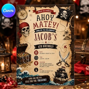 Puede incluir: Una invitación de cumpleaños con temática pirata sobre papel pergamino envejecido que muestra una calavera con un pañuelo rojo, un cofre del tesoro, una brújula, espadas cruzadas y un barco. El texto incluye Ahoy Matey, Jacob's 6th Birthday y datos.