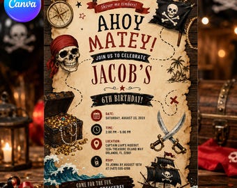 Pirate Birthday Invitation Printable, Ahoy Matey Boy Birthday Party Invite Template, Pirate Ship Skull Treasure Map Theme Digital Invitation
