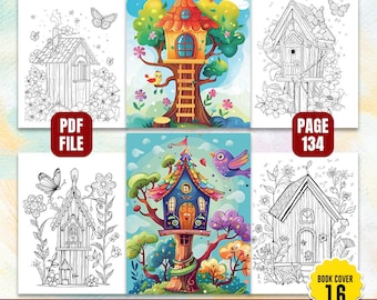 Páginas para colorir de casas de pássaros: pássaros e flores em tons de cinza (PDF para impressão)