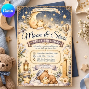 May include: A rectangular birthday invitation card featuring a moon and stars theme with a sleeping bear, a crescent moon, and a hot air balloon. The text reads Moon & Stars FIRST BIRTHDAY, Saturday, May 24th, 2090, 4:00 PM - 7:00 PM, 123 Celebration Lane, Starryville, ST 12345.