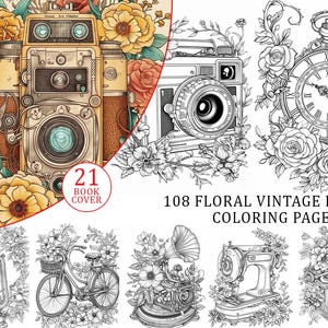 Puede incluir: Una portada de libro para colorear con cámaras vintage y arreglos florales. La portada presenta un diseño de cámara retro con el texto "21 BOOK COVER". El libro incluye 108 páginas para colorear de artículos vintage florales.
