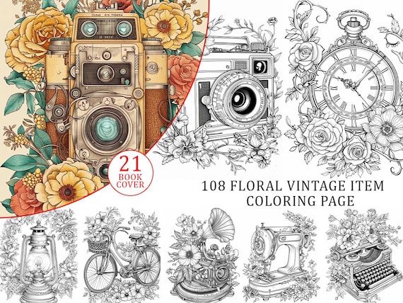 Floral Vintage Coloring Pages: 108 Grayscale Designs (Printable PDF File)