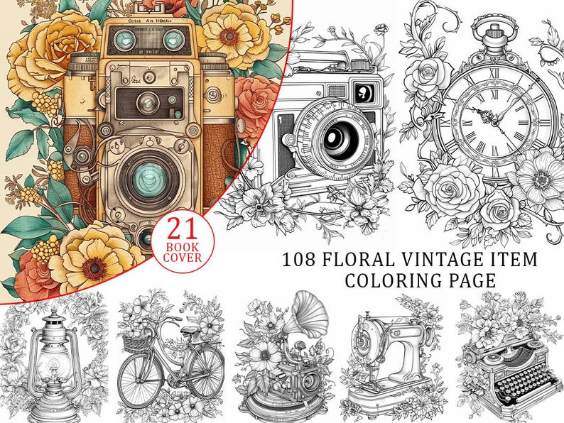 Pode incluir: Uma capa de livro para colorir com c&acirc;meras vintage e arranjos florais. A capa apresenta um design de c&acirc;mera retr&ocirc; com o texto "21 BOOK COVER". O livro inclui 108 p&aacute;ginas para colorir de itens vintage florais.
