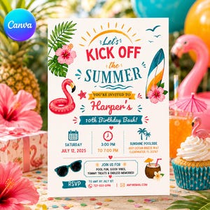 Könnte beinhalten: Eine rechteckige Einladungskarte mit weißem Hintergrund und bunten Sommergrafiken, darunter ein rosa Flamingo-Schwimmring, ein Surfbrett, Hibiskusblüten, Palmenblätter und eine Sonnenbrille. Der Text lautet Let's KICK OFF the SUMMER, Harper's 10th Birthday Bash, Samstag, 12. Juli 2025, 15:00 bis 19:00 Uhr, Sunshine Poolside, 4521 Ocean Breeze Way, Clearwater, FL 33767, sowie RSVP-Informationen.
