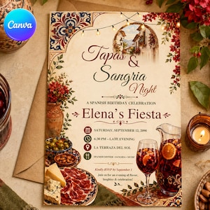 May include: A rectangular invitation card titled Tapas & Sangria Night for Elena's Fiesta. The design features a Mediterranean archway, string lights, floral accents, and illustrations of cheese, cured meat, and a glass of sangria.