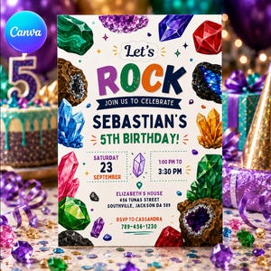 Op de afbeelding: Een rechthoekige verjaardagsuitnodigingskaart met kleurrijke kristalillustraties en de tekst: Let's ROCK JOIN US TO CELEBRATE SEBASTIAN'S 5TH BIRTHDAY! SATURDAY 23 SEPTEMBER 1:00 PM TO 3:30 PM ELIZABETH'S HOUSE 456 TUNAS STREET SOUTHVILLE, JACKSON DA 589 RSVP TO CASSANDRA 789-456-1230.