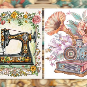 Pode incluir: Duas ilustra&ccedil;&otilde;es em aquarela. A imagem da esquerda apresenta uma m&aacute;quina de costura vintage com detalhes dourados, cercada por uma borda floral de rosas e outras flores. A imagem da direita mostra uma c&acirc;mera e um gramofone vintage com detalhes florais.