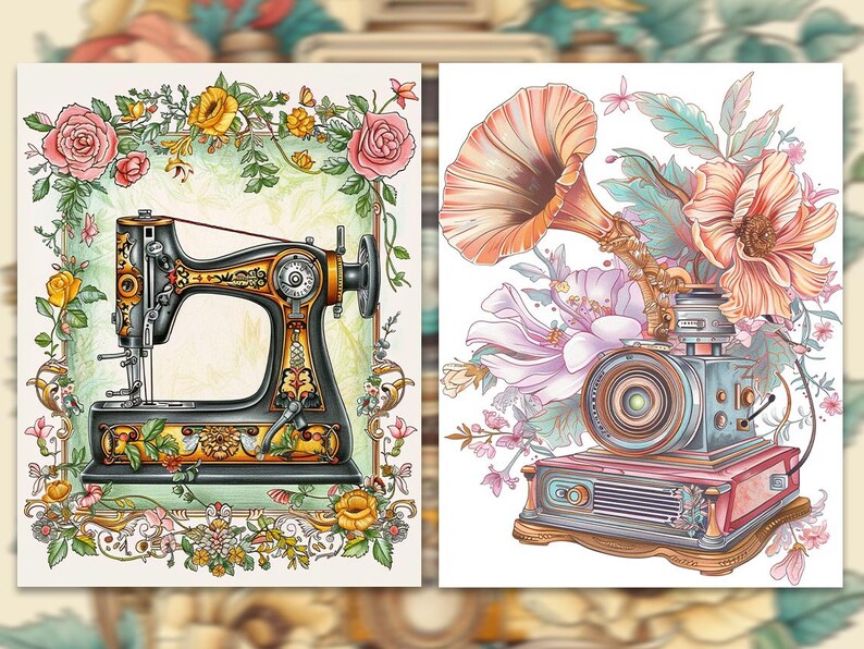 Pode incluir: Duas ilustra&ccedil;&otilde;es em aquarela. A imagem da esquerda apresenta uma m&aacute;quina de costura vintage com detalhes dourados, cercada por uma borda floral de rosas e outras flores. A imagem da direita mostra uma c&acirc;mera e um gramofone vintage com detalhes florais.