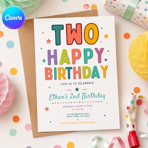Puede incluir: Una tarjeta de invitación de cumpleaños blanca con el texto colorido TWO HAPPY BIRTHDAY, seguido de JOIN US TO CELEBRATE, Ethan's 2nd Birthday, Saturday, August 16, 2040 at 3:00 PM, 123 Celebration Way, Happy Town, CA 90210, y RSVP TO MOM AT (555) 555-2814.
