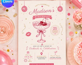 21st Birthday Invitation, Cocktail Party Invite Template, Pink Disco Ball Birthday Invitation, 21 and Ready to Party, Editable Card