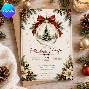 Könnte beinhalten: Eine rechteckige Einladungskarte für eine Weihnachtsfeier mit einer zentralen Glaskugelgrafik, die einen Tannenbaum enthält und mit einer roten Schleife verziert ist. Text: JOIN US FOR A Christmas Party, DECEMBER 23, 3PM-5PM, THE ANDREWS' HOME, 232 FARM LANE, FARMVILLE, FARMINGTON, ON, RSVP TO KATIE AT +123-456-7890.