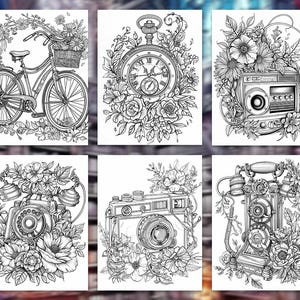 Pode incluir: Ilustra&ccedil;&otilde;es a preto e branco de v&aacute;rios objetos vintage, incluindo uma bicicleta com uma cesta cheia de flores, um rel&oacute;gio de bolso, um r&aacute;dio, um telefone, uma c&acirc;mera e outro telefone, todos rodeados por arranjos florais.