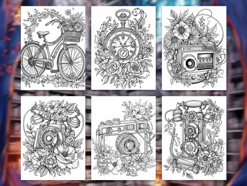 Pode incluir: Ilustra&ccedil;&otilde;es a preto e branco de v&aacute;rios objetos vintage, incluindo uma bicicleta com uma cesta cheia de flores, um rel&oacute;gio de bolso, um r&aacute;dio, um telefone, uma c&acirc;mera e outro telefone, todos rodeados por arranjos florais.