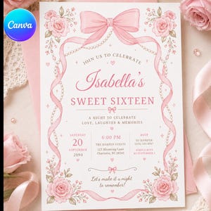 Può includere: Un invito rettangolare per il sedicesimo compleanno di Isabella con un fiocco rosa, fili di perle e illustrazioni di rose. Il testo include i dettagli dell'evento, data, ora, luogo e informazioni per la risposta in inchiostro rosa e grigio.