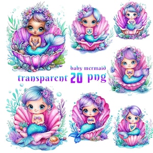 Watercolor magical baby mermaid clipart, Little cute mermaid baby shower, cute sea creature clipart Mermaid party favors Png, Sea world Png