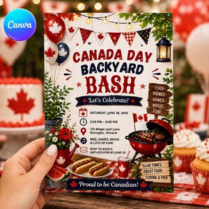 May include: A Canada Day Backyard Bash party invitation flyer featuring red and white maple leaf balloons, bunting, a red grill with food, hot dogs, and text details including the date, time, location, and RSVP information for the event.