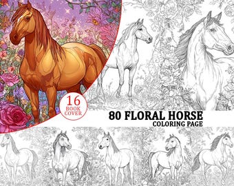 Floral Horse Coloring Pages: Grayscale & Light Versions (PDF Download)