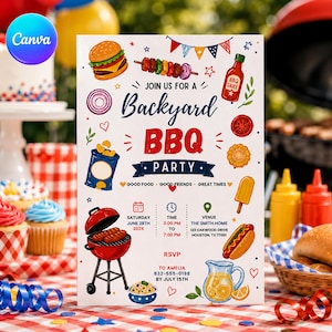 Invito per barbecue in giardino, modello per festa estiva all'aperto, invito di compleanno con barbecue, buon cibo e momenti indimenticabili, biglietto modificabile per cena in famiglia