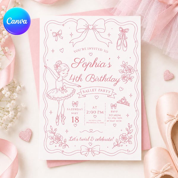 May include: A white rectangular birthday invitation card with pink line art featuring a ballerina, roses, bows, ballet slippers, and a tiara. The text reads: Sophia's 4th Birthday, Ballet Party, Saturday May 18 at 2:00 PM, RSVP to Mom, and Let's twirl & celebrate!