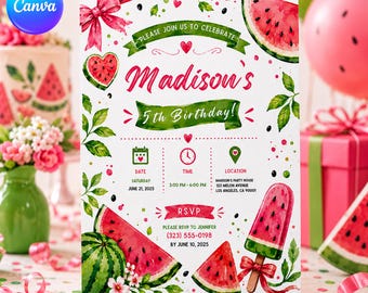 Op de afbeelding: Een witte verjaardagsuitnodiging met aquarel watermeloenpartjes, groene bladeren en roze strikken. De tekst luidt: Madison's 5th Birthday, Saturday June 21, 2025, 3:00 PM - 6:00 PM, Madison's Party House, 123 Melon Avenue, Los Angeles, CA 90001.