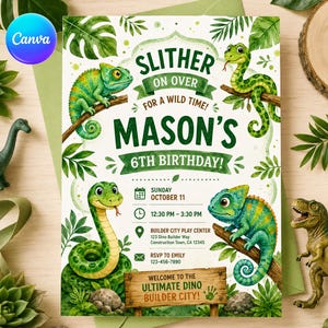 May include: A rectangular birthday invitation card featuring green snakes and chameleons on branches with tropical leaves. Text reads: SLITHER ON OVER FOR A WILD TIME! MASON'S 6TH BIRTHDAY! SUNDAY OCTOBER 11, 12:30 PM-3:30 PM, BUILDER CITY PLAY CENTER.
