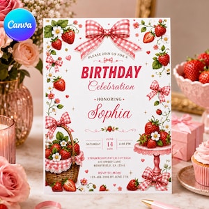 May include: A rectangular birthday invitation card featuring a white background with red strawberry illustrations, green leaves, white flowers, and pink gingham bows. The text reads: Please join us for a birthday celebration honoring Sophia, June 14, 2030.