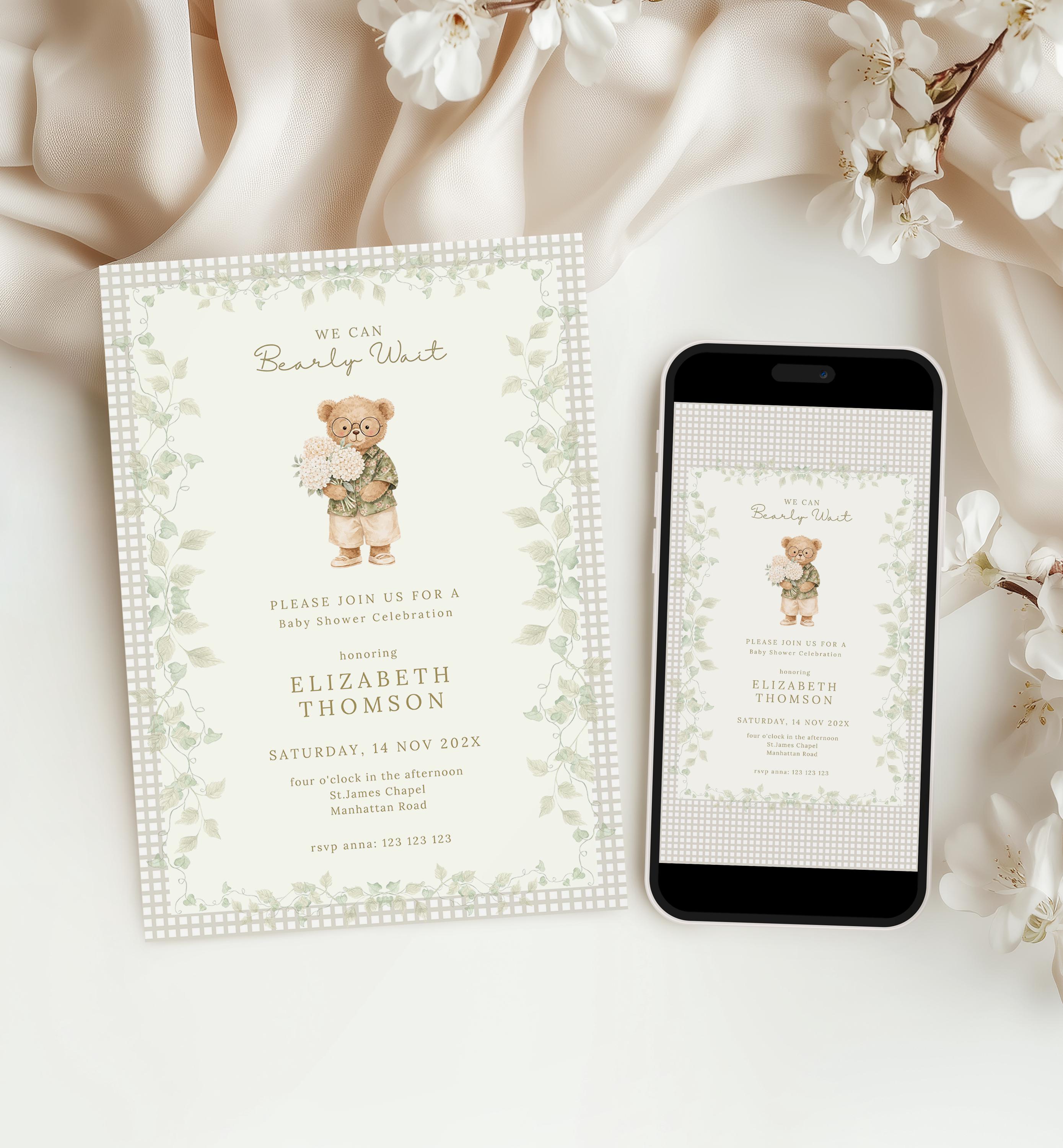 We Can Bearly Wait Baby Shower Invitation Template, Neutral Teddy Bear ...
