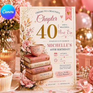 May include: A rectangular birthday invitation card featuring a stack of four books topped with a pink teacup, decorated with floral illustrations, gold text reading Cheers to a beautiful Chapter 40 and a beautiful New Era, and event details.