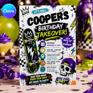 Könnte beinhalten: Eine Geburtstagseinladung mit einem Skateboard, einem Totenkopf mit violetter Kappe und Graffiti-Texten wie COOPERS BIRTHDAY TAKEOVER, LET'S ROLL und GOOD VIBES ONLY, inklusive Veranstaltungsdetails für den 15. November 2080 im Urban Skate Park.