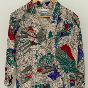 Vintage 80er Jahre Abstrakt Print Blazer Kleid: Tropisches Maximalist Power Kleid