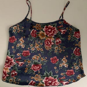 Y2K Navy Floral Satin Feel Camisole | Vintage Spaghetti Strap Tank | 90s Y2K Soft Grunge Slip Style Cami Top