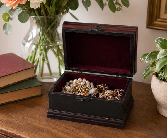 Vintage 1980s Dark Wood Jewelry Box: Rustic Keepsake Chest