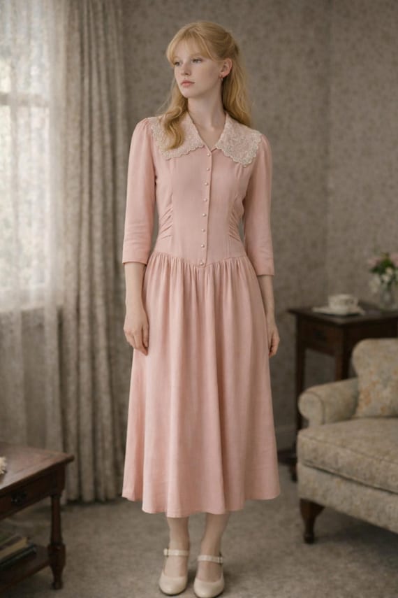 Vintage 80s Paris Sports Club Pink Midi Dress | Lace Collar, Pearl Buttons, Cottagecore Style