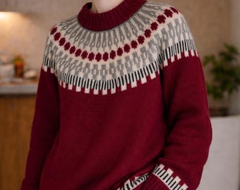 Vintage 1980s Icelandic Wool Sweater: Burgundy Fair Isle Nordic Jumper