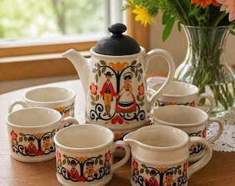 Vintage 70s Sadler Coffee Set: 9pc Scandinavian Folk Art Pottery