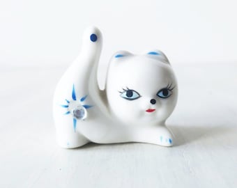 Vintage tiny jewelled blue and white kitsch cat figurine