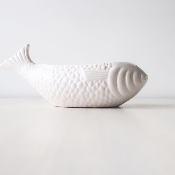 Vintage white fish ceramic planter