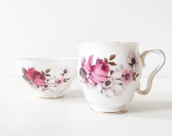 Vintage floral sugar bowl and milk jug set, Vintage rose pattern creamer set