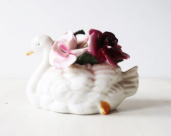 Vintage floral Swan Figurine, white bone china swan