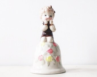 Vintage Porcelain Girl Bell: Floral China Bell