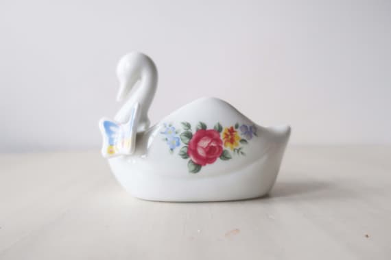 Vintage Floral Swan Trinket Pot: Small White Planter
