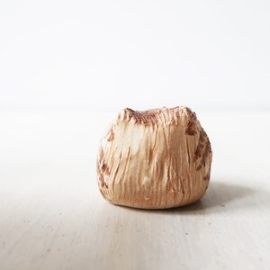 Op de afbeelding: Een klein, getextureerd, beige decoratief object met bruine accenten. Het object heeft een ruwe, organische uitstraling, mogelijk lijkend op een natuursteen of een stuk aardewerk. Het staat op een lichtgekleurd oppervlak.