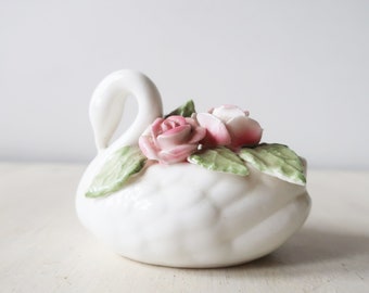 Vintage floral Swan Figurine, white bone china swan